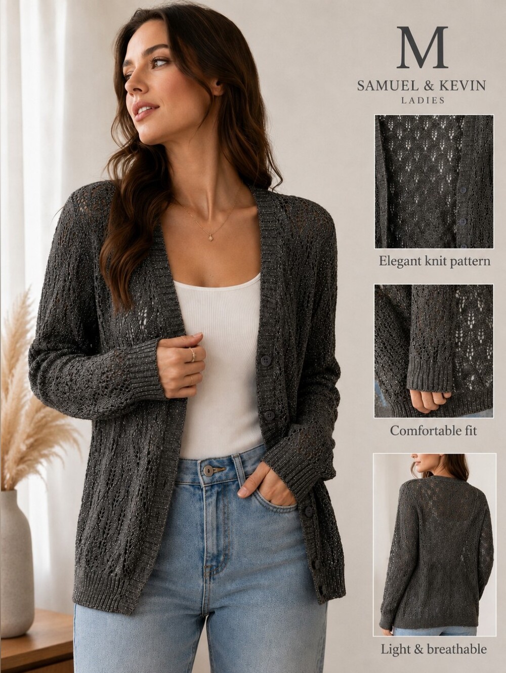 Ladies Charcoal Openwork Button-Up Cardigan